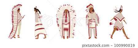Red Indians Wearing National Clothing and Headdress with Feathers Vector Set Red Indians Wearing National Clothing and Headdress with Feathers Vector Set 100990819