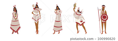 Red Indians Wearing National Clothing and Headdress with Feathers Vector Set Red Indians Wearing National Clothing and Headdress with Feathers Vector Set 100990820