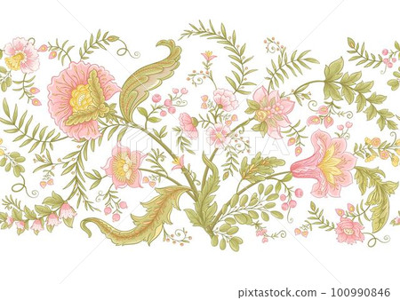 Fantasy flowers in retro, vintage, jacobean embroidery style. Fantasy flowers in retro, vintage, jacobean embroidery style. 100990846