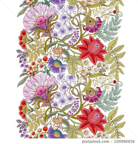 Fantasy flowers in retro, vintage, jacobean embroidery style. Fantasy flowers in retro, vintage, jacobean embroidery style. 100990856
