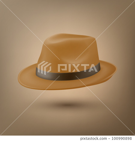 Vector 3d Realistic Brown Vintage Classic Gentleman Hat, Cap Icon Closeup. Front View. Mens Unisex Hat Design Template. Vector Illustration Vector 3d Realistic Brown Vintage Classic Gentleman Hat, Cap Icon Closeup. Front View. Mens Unisex Hat Design Template. Vector Illustration 100990898