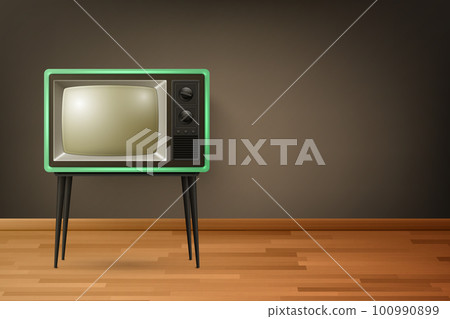 Vector 3d Realistic Retro TV Receiver on Wooden Floor. Home Interior Design Concept. Vintage TV Set, Television, Front View Vector 3d Realistic Retro TV Receiver on Wooden Floor. Home Interior Design Concept. Vintage TV Set, Television, Front View 100990899