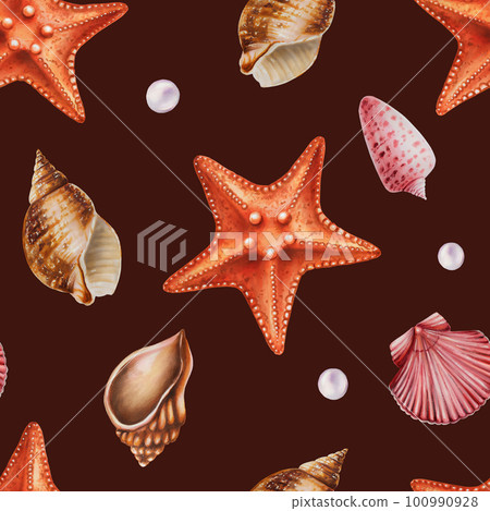 Watercolor seamless pattern with sea star and shells. Hand painting clipart underwater life objects on a white isolated background. For designers, decoration, postcards, wrapping paper, scrapbooking 100990928