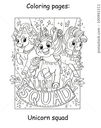 Cute three running unicorn coloring book vector 100991311