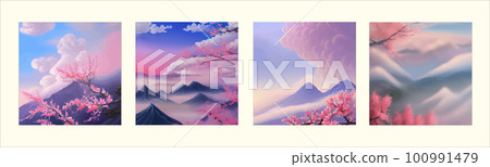 Landscape with cherry blossom branch misty mountains in clouds. Traditional Landscape with cherry blossom branch misty mountains in clouds. Traditional 100991479