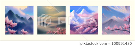 Landscape with cherry blossom branch misty mountains in clouds. Traditional Landscape with cherry blossom branch misty mountains in clouds. Traditional 100991480