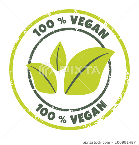 100 percent vegan icon. Vector label, logo, sticker. Textured round organic, bio, eco symbol with green leaves. Concept of lactose free, nonviolent healthy, fresh food 100991487