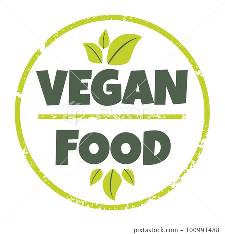Vegan food icon, product sticker, logo, label, badge. Vector illustration of textured green round stamp with leaves, healthy food symbol, design element 100991488