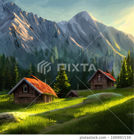 Pair huts in middle beautiful green valley with trees against backdrop 100991530