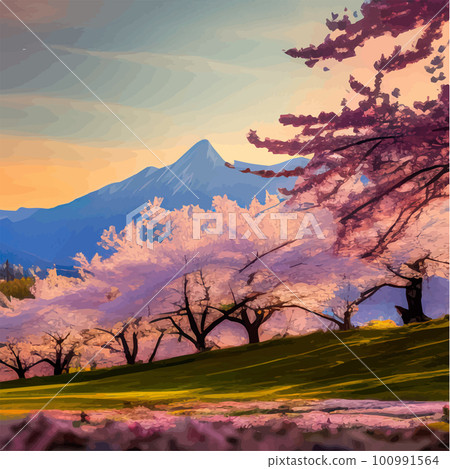 Spring landscape with cherry blossom sakura, green meadow on hill, blue sky 100991564