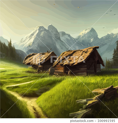 Pair huts in middle beautiful green valley with trees against backdrop 100991595