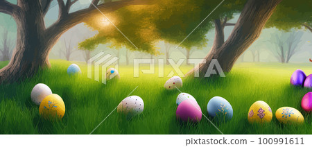 Painted egg laying in spring grass and flowers, easter border, banner flat vector illustration. Easter decoration Painted egg laying in spring grass and flowers, easter border, banner flat vector illustration. Easter decoration 100991611