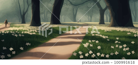 Fairy tale forest with path and flowers in clearing, spring park sun rays Fairy tale forest with path and flowers in clearing, spring park sun rays 100991618