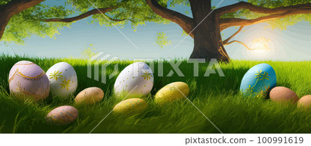 Painted egg laying in spring grass and flowers, easter border, banner flat vector illustration. Easter decoration Painted egg laying in spring grass and flowers, easter border, banner flat vector illustration. Easter decoration 100991619