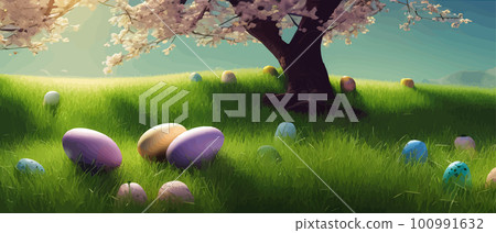 Easter theme with beautiful eggs in grass banner vector illustration as spring background. Happy Easter on blue sky Easter theme with beautiful eggs in grass banner vector illustration as spring background. Happy Easter on blue sky 100991632