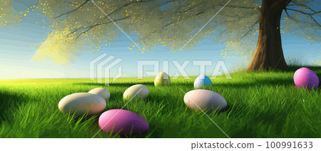 Easter theme with beautiful eggs in grass banner vector illustration as spring background. Happy Easter on blue sky 100991633