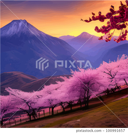 Spring landscape with cherry blossom sakura, green meadow on hill, blue sky Spring landscape with cherry blossom sakura, green meadow on hill, blue sky 100991657