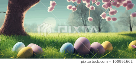 Easter theme with beautiful eggs in grass banner vector illustration as spring background. Happy Easter on blue sky Easter theme with beautiful eggs in grass banner vector illustration as spring background. Happy Easter on blue sky 100991661