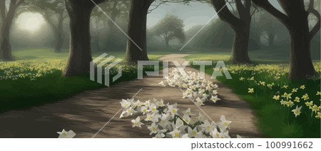 Forest cartoon backgrounds, natural landscape with deciduous trees, green 100991662