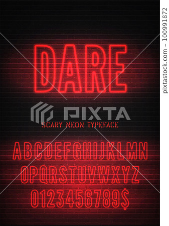 Dare night light glowing effect hollow font with numbers on dark brick background. Vector red neon alphabet 100991872