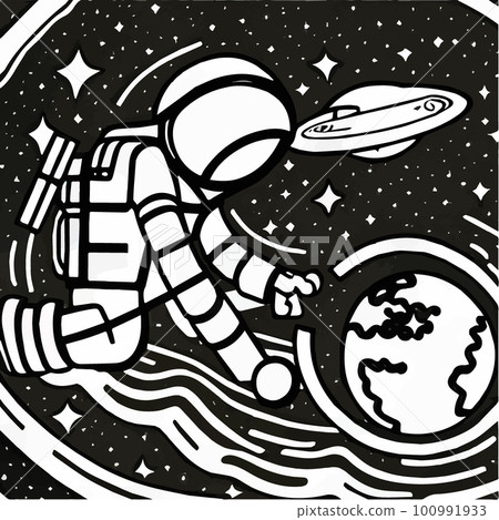Cute astronaut in space among stars and planets. Scientific technology concept 100991933