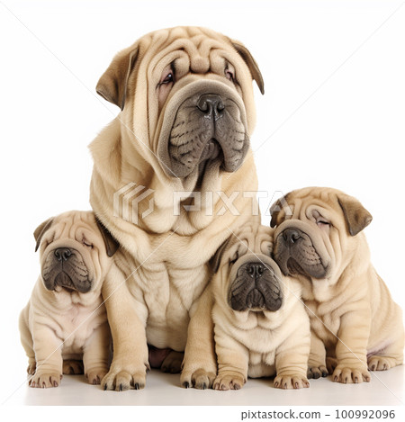 Beautiful wrinkled dog breed Shar Pei with puppies isolated on white background close-up, lovely pets,  100992096