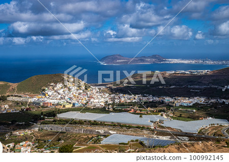 Panoramic view of Arucas from Mirador de la Montana de Arucas on Gran Canaria Island, Canary Islands, Spain 100992145