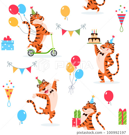 Cartoon Birthday tigers seamless pattern on white background. Cute wild cat print for kids decoration design. Colorful beautiful wrapping paper textile fabric repeat tile. Creative vector illustration Cartoon Birthday tigers seamless pattern on white background. Cute wild cat print for kids decoration design. Colorful beautiful wrapping paper textile fabric repeat tile. Creative vector illustration 100992197