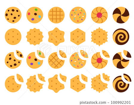Cookies. Set of flat vector food icons isolated on white background. Tasty baked broken biscuits collection design. Traditional crispy treat. Oatmeal chocolate cracker cookie with crumb illustration. 100992201