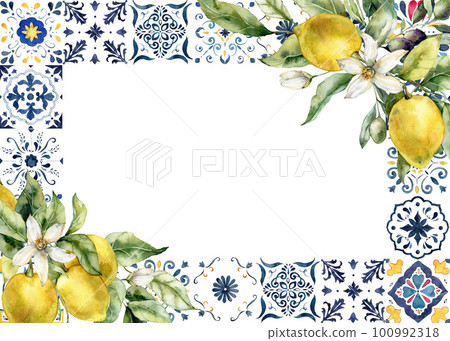 Watercolor tropical frame of ripe lemons, olives, flowers and tiles. Hand painted yellow fruits and mosaic isolated on white background. Tasty food illustration for design, print, fabric, background. Watercolor tropical frame of ripe lemons, olives, flowers and tiles. Hand painted yellow fruits and mosaic isolated on white background. Tasty food illustration for design, print, fabric, background. 100992318