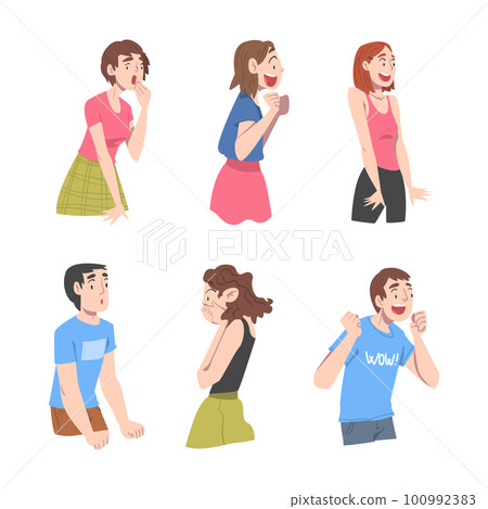 Young Man and Woman with Shocked Face Expression Vector Set 100992383