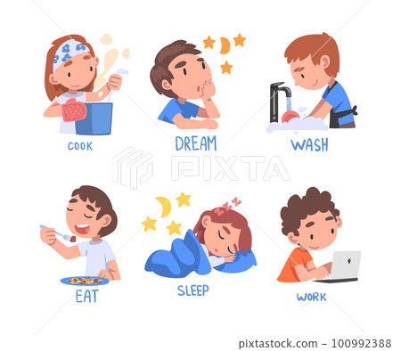 Funny Kids Engaged in Different Activities Demonstrating Verb Vector Set 100992388