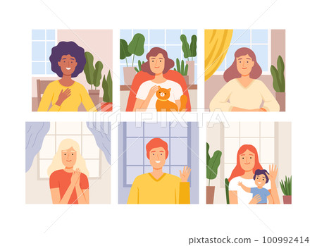 Smiling Man and Woman Meeting Online Having Video Call Vector Set Smiling Man and Woman Meeting Online Having Video Call Vector Set 100992414