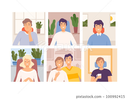 Smiling Man and Woman Meeting Online Having Video Call Vector Set Smiling Man and Woman Meeting Online Having Video Call Vector Set 100992415