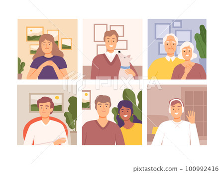 Smiling Man and Woman Meeting Online Having Video Call Vector Set Smiling Man and Woman Meeting Online Having Video Call Vector Set 100992416