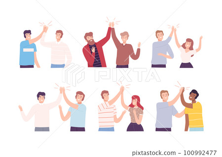 Happy People Characters Giving High Five to Each Other Vector Illustration Set 100992477