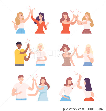 Happy People Characters Giving High Five to Each Other Vector Illustration Set Happy People Characters Giving High Five to Each Other Vector Illustration Set 100992487