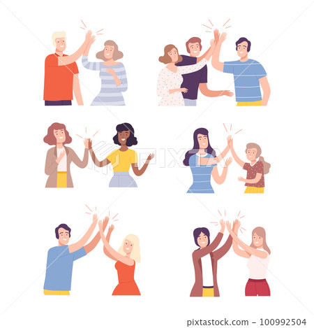Happy People Characters Giving High Five to Each Other Vector Illustration Set Happy People Characters Giving High Five to Each Other Vector Illustration Set 100992504