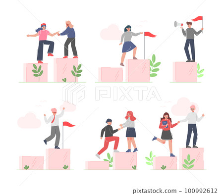 Business People Climbing Up The Stairs Helping Colleague Vector Set 100992612