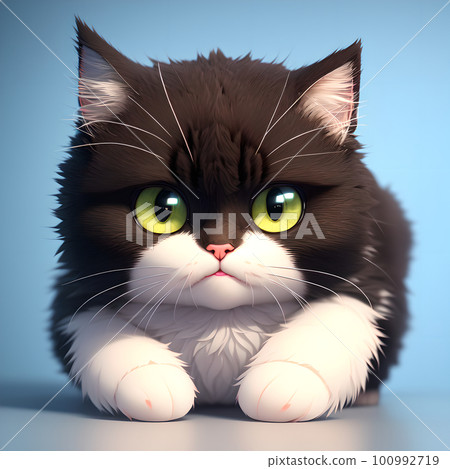 Fugure of tiny cute fluffy serious cat with big smart eyes, AI generated 100992719