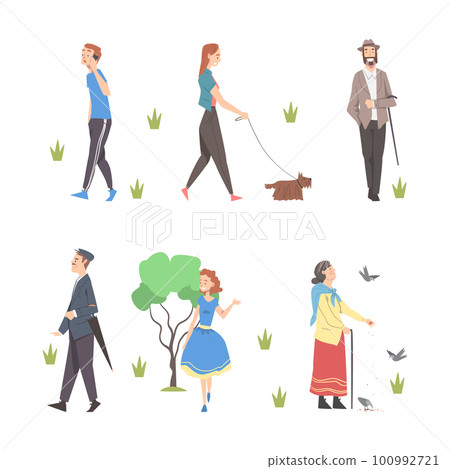 People Characters Walking in the Park with Dog and Speaking by Phone Vector Set 100992721