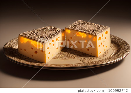 Delicious cheese serving on petite platter, AI generated 100992742