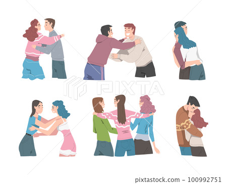 Young Man and Woman Friends Meeting Together Embracing and Greeting Each Other Vector Set Young Man and Woman Friends Meeting Together Embracing and Greeting Each Other Vector Set 100992751