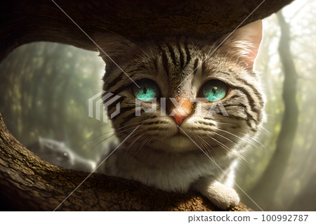 Curious cat looking at the camera in a tree hollow, fisheye portrait, AI generated Curious cat looking at the camera in a tree hollow, fisheye portrait, AI generated 100992787