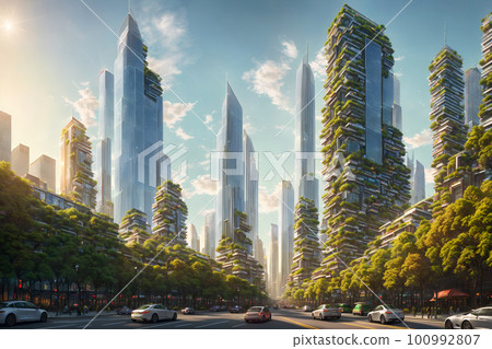 Splendid view of futuristic vertical gardens ecology concept, the green plants at balcony of skyscrapers. AI generated 100992807