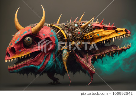 Hellish monster with fangs and horns, rotted flesh, empty eye sockets with mad gaze, bloody mouth, bones exposed, aggressive and terrifying. AI generated 100992841