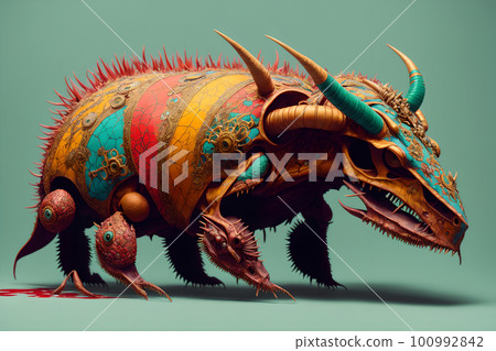 Hellish monster with fangs and horns, rotted flesh, empty eye sockets with mad gaze, bloody mouth, bones exposed, aggressive and terrifying. AI generated 100992842
