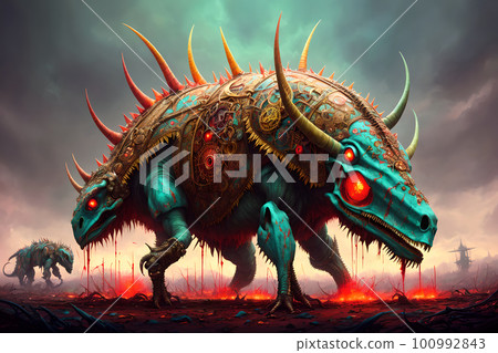 Hellish monster with fangs and horns, rotted flesh, empty eye sockets with mad gaze, bloody mouth, bones exposed, aggressive and terrifying. AI generated 100992843