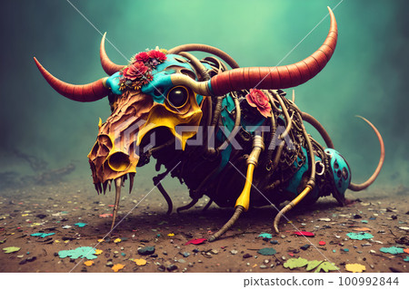 Hellish monster with fangs and horns, rotted flesh, empty eye sockets with mad gaze, bloody mouth, bones exposed, aggressive and terrifying. AI generated 100992844