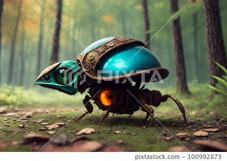 Scary small evil goblin-insect infected by parasite mushroom in the forest, AI generated Scary small evil goblin-insect infected by parasite mushroom in the forest, AI generated 100992873